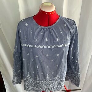 J. Crew Navy Blouse with White Embroidery